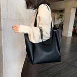 Lkblock High Quality Soft Leather Woman Casual Tote Shopper Solid Color Handbags Large Capacity Single Shoulder Bag with Outer Pocket