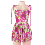 summer outfits inspo 2024 Summer New Fashion Sleeveless Flower Print Sling Mesh Short Dress