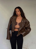 barn jacket outfits American Street Hot Girl Brown Motorcycle Jacket Women's Spring and Autumn Loose Short PU Leather Jacket Women