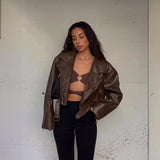 barn jacket outfits American Street Hot Girl Brown Motorcycle Jacket Women's Spring and Autumn Loose Short PU Leather Jacket Women