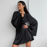 birthday outfit 2024 Fashion Satin Dress Sexy Bell Sleeve Spring and Summer New High Waist Commuter A- line Skirt for Women