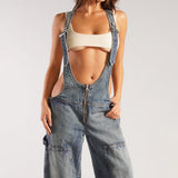 =summer outfits inspo Street Style Low Waist Suspender One-Piece Wide Leg Jeans Summer New Personalized Hot Girl Distressed Straight Trousers