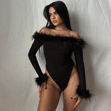 main character dress to impress Sexy Slim-Fit Furry off-Shoulder Long-Sleeved Jumpsuit Hot Girl Long-Sleeved Top for Women