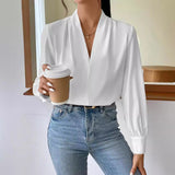 =business casual outfits for women 2024 Spring, Autumn and Winter New Long-Sleeved Shirt V-neck Solid Color Loose Top Autumn Shirt