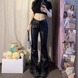 going out outfits Black Micro Flared Leather Pants for Women plus Size Chubby Girl Autumn High Waist PU Leather American Hot Girl Tall Straight Mop Pants