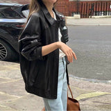 barn jacket outfits French Style Retro Lapel Zipper Loose All-Match Bf Fan Car Clothes PU Leather Coat