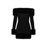 main character dress to impress New Black Plush Long Sleeve off-Shoulder Dress Autumn and Winter Women's Fur Backless Hot Girl Hip Skirt