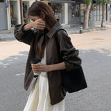 barn jacket outfits French Style Retro Lapel Zipper Loose All-Match Bf Fan Car Clothes PU Leather Coat