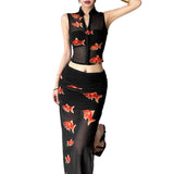 koi fish dress to impress Style 2024 Summer New Women's Sleeveless Slim Vest Printed Mesh Skirt Sheath Dress Suit