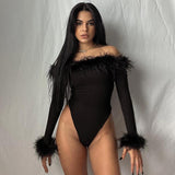 main character dress to impress Sexy Slim-Fit Furry off-Shoulder Long-Sleeved Jumpsuit Hot Girl Long-Sleeved Top for Women