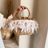 Lkblock Hot Selling Feather Rattan Woven Drawstring Women's Handbag 2024 Summer Fashion New Product Beach Vacation Niche Design