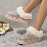 Lkblock Ankle Snow Boots Women Winter New Fashion Shiny Fur Short Plush Warm Flats Slippers Platform Shoes Indoor Cotton Flip-Flops