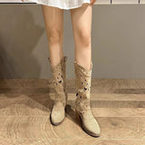 Lkblock Hollow Embroidered Vintage Western Boots Women Autumn Chunky Heels Knee High Cowboy Boots Woman Pu Leather Knight Booties