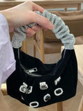 Lkblock Luxury Designer Brand Women's Handbag Korean Ins Suede Rhinestone Pleated Handbags Fashion Party Dinner Bag Y2k Underarm Bag