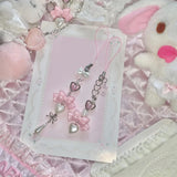 Lkblock Y2K Pink Bowknot Heart Beaded Keychain Sweet Cute Mobile Phone Lanyard Fresh All-match Bag Pendant Purse Hanging Decoration