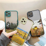 Lkblock Retro Scenery Painted Phone Case For iphone 16 7 8 Plus SE2 X XS XR 16 14 12 13 11 Pro Max Large Flower Fields Log Cabin Covers