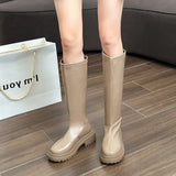 Lkblock Autumn Winter Warm Fur Women Knee High Boots Fashion Elegant Back Zippers Shoes Square Low Heel Women's Knight Long Booties