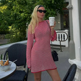 Lkblock Red Striped Knitted Mini Dress Women Fashion Hollow Out Slim Beach Holiday Dresses Autumn Elegant Long Sleeve Sweater Dress