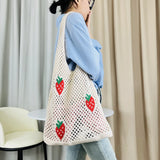 Lkblock Cute Strawberry Cherry Crochet Shoulder Bag for Women Large Shopper Bag Casual Tote Handbags Summer Beach 2024 New Women's Bag