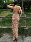 Lkblock Fashion Leopard Print Summer Dresses Women 2024 Sexy Spaghetti Strap Backless Bodycon Slit Long Holiday Beach Dress Streetwear