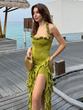 Lkblock 2024 Summer Sexy Halter Neck Irregular Green Dress Streetwear Woman Chic Sleeveless High Waist Backless Bandage Holiday Dresses