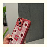 Lkblock Embroidery Love Heart Plush Phone Case for IPhone 15 14 13 12 11 Pro Max Xs Max XR 7 8 Plus Lens Protection Plaid Tpu Back Cover