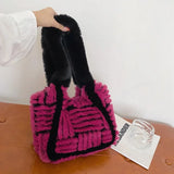 Lkblock Faux Fur Tote Shoulder Bags Women Tote Handbags and Purses New Solid Plush Messenger Bag High Quality