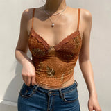 Lkblock Floral Print Vintage American Mesh Camisole, Women's Eye Lace Trim, V-neck Brown, Cute Y2k 2024 Fashion Crop Top Women's 90s