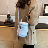 Lkblock Pu Leather Barrel Shaped Shoulder Bag for Women Fashion Small Handbags and Purses Luxury Crossbody Bucket Bag with Short Handle