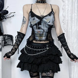 Lkblock New Punk Grunge Fairy Y2K Tops Gothic Dark Style Sexy Lace Patchwork Printed Glass Bead String Strap Top for Women