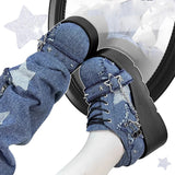 Lkblock Y2K Star Print Chunky Platform Ankle Boots Women New Metal Chain Blue Denim Boots Woman Cute Thick Bottom Jk Lolita Shoes