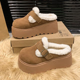 Lkblock Women Fur Cotton Slippers Buckle Suede Platform Home Shoes 2025 Winter Boots New Fashion Warm Flats Plush Flip Flops Mules Shoes