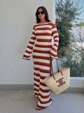 Lkblock Summer Hollow Out Knitted Beach Dress for Women Elegant Fashion Striped Maxi Dress 2024 Sexy Long Sleeve Holidays Party Dress