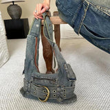 Lkblock Trendy Women Vintage Denim Punk Shoulder Bag Y2k Streetwear Grunge Handbag Cool Girls Retro Gothic Casual Underarm Bags