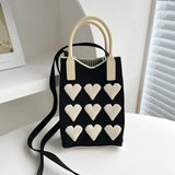 Lkblock Korean Fashion Heart Knitted Mini Square Handbag for Women Small Mobile Phone Shoulder Bags Girls Cute Outdoor Crossbody Bags