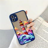 Lkblock Blue Wave Phone Case For iphone 16 15 12 11 13 Pro Max Lighthouse Illustration Cover For iphone X XR XS 7 8 14 Plus Shells