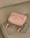 Lkblock Sweet Pink Messenger Bag Women Fairycore Aesthetic Handle Pearl Chain Crossbody Bags Ladies Harajuku Heart Y2k Hand Bag