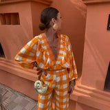 Lkblock Causal Plaid Two Piece Set Women Elegant Long Sleeve Crop Top and High Waist Pant Sets Summer Orange Loose Holiday Outfits 2024