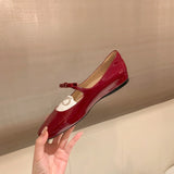 Lkblock New Bowknot Mary Jane Shoes Women Square Toe Glossy Leather Flats Female Red Dance Ballets Party Ball Bridal Wedding Shoes