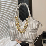 Lkblock Fashion Women Fold Cloud Armpit Bags Silver White Shoulder Bags Lady Thick Chain Messenger Bags Pu Leather Stripes Handbag