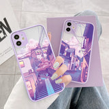 Lkblock Japan Anime Landscape Phone Case For iPhone 16 11 15 12 14 Pro Max 12 13 Mini 7 8 Plus X XR XS Matte Purple Street View Cover