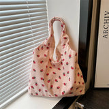 Lkblock Corduroy Tote Bag New Women's Casual Shoulder Handbag Strawberry Pattern Large Capacity Open Shoulder Bag