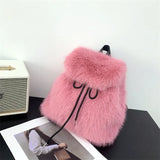 Lkblock Japanese Girls Students Fluffy Backpack New Sweet Drawstring Solid All Match Schoolbags Women Casual Fur Y2k Aesthetic Backpacks