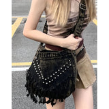 Lkblock Denim Y2k Rivets Womens Shoulder Bag Fashion Tassels female Messenger Crossbody Bag Large Capacity ladies Handbag Sac totes