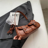 Lkblock Fashion Double Pockets Design PU Leather Shoulder Bag For Women Tend Female Crossbody Bag Underarm Bags Handbags