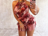 Lkblock Floral Printing Ruffles Mini Dress Women Sexy Halter Backless Body-Shaping Vacation Dresses 2024 Summer Holiday