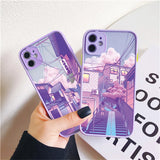 Lkblock Japan Anime Landscape Phone Case For iPhone 16 11 15 12 14 Pro Max 12 13 Mini 7 8 Plus X XR XS Matte Purple Street View Cover