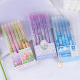 Lkblock 6pcs Erasable Gel Pens Romantic Flowers Blue Black Ink Signature Pens with Erasers 0.5mm Cute Pens Writing Tools Office School