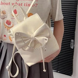 Lkblock Sweet Fashion Womens Backpack Elegant Cute Bow Chains Small Pu Leather Aesthetic Backpack Luxury Ladies Korean Popular Bag