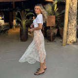 Lkblock White Lace Maxi Skirt Women Sexy See Through Beach Bikini Cover Up Skirts Summer Casual Loose High Waist Holiday Skirt